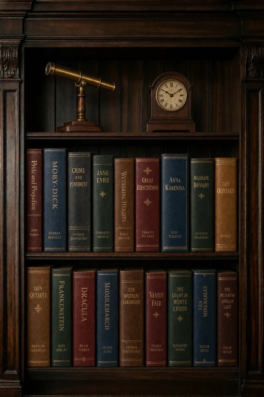 A generated bookshelf holding eighteen classic novels across two shelves, each spine lettered in gold on leather, with a brass telescope and a mantel clock above