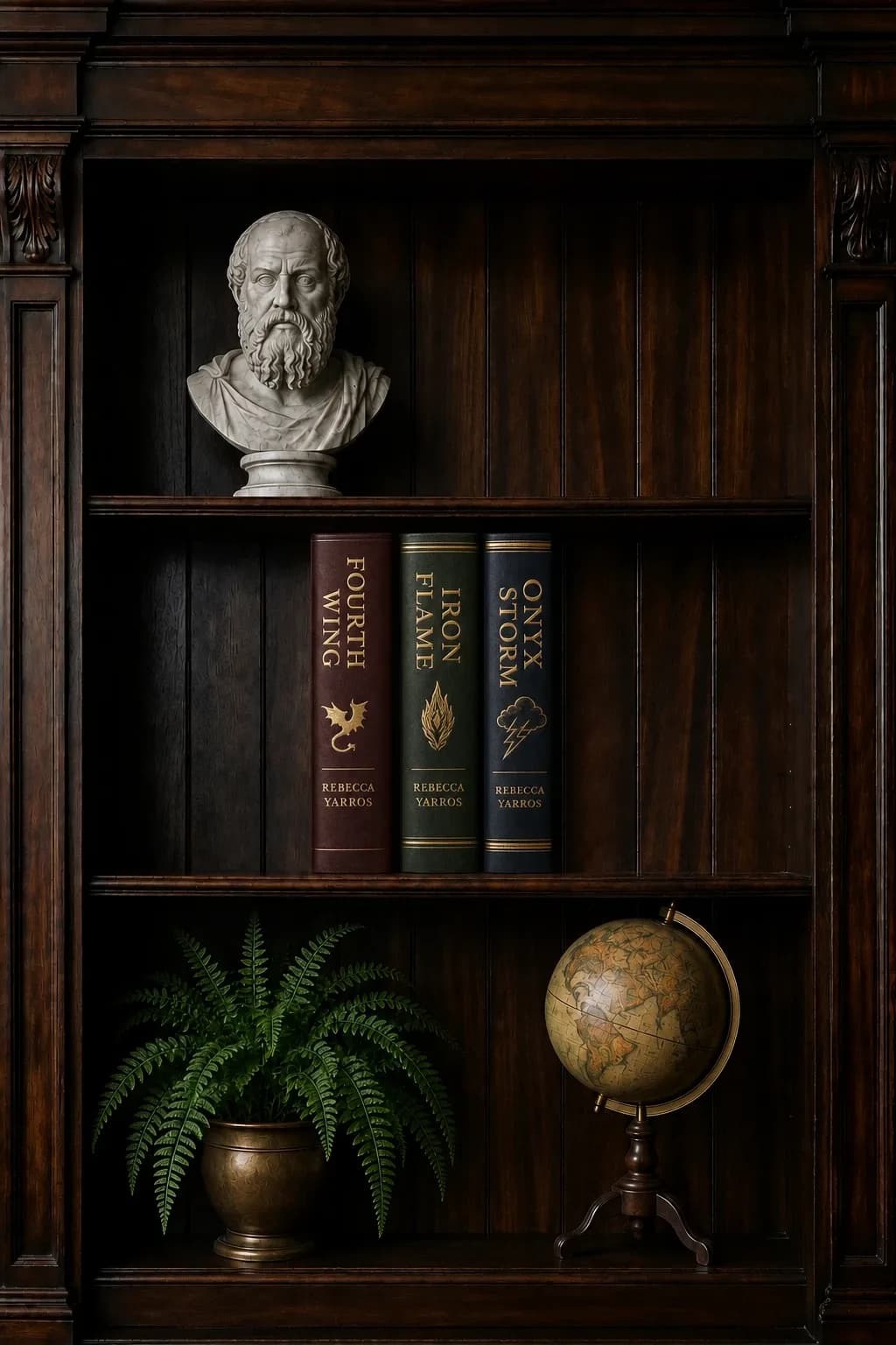 A generated bookshelf holding three hardcover fantasy novels with gold lettering, a marble bust above, a fern and a globe below