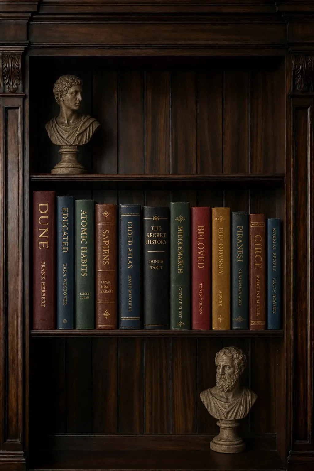 A generated bookshelf holding twelve modern hardcovers in burgundy, green and navy leather, with a stone bust on the shelf above and another below