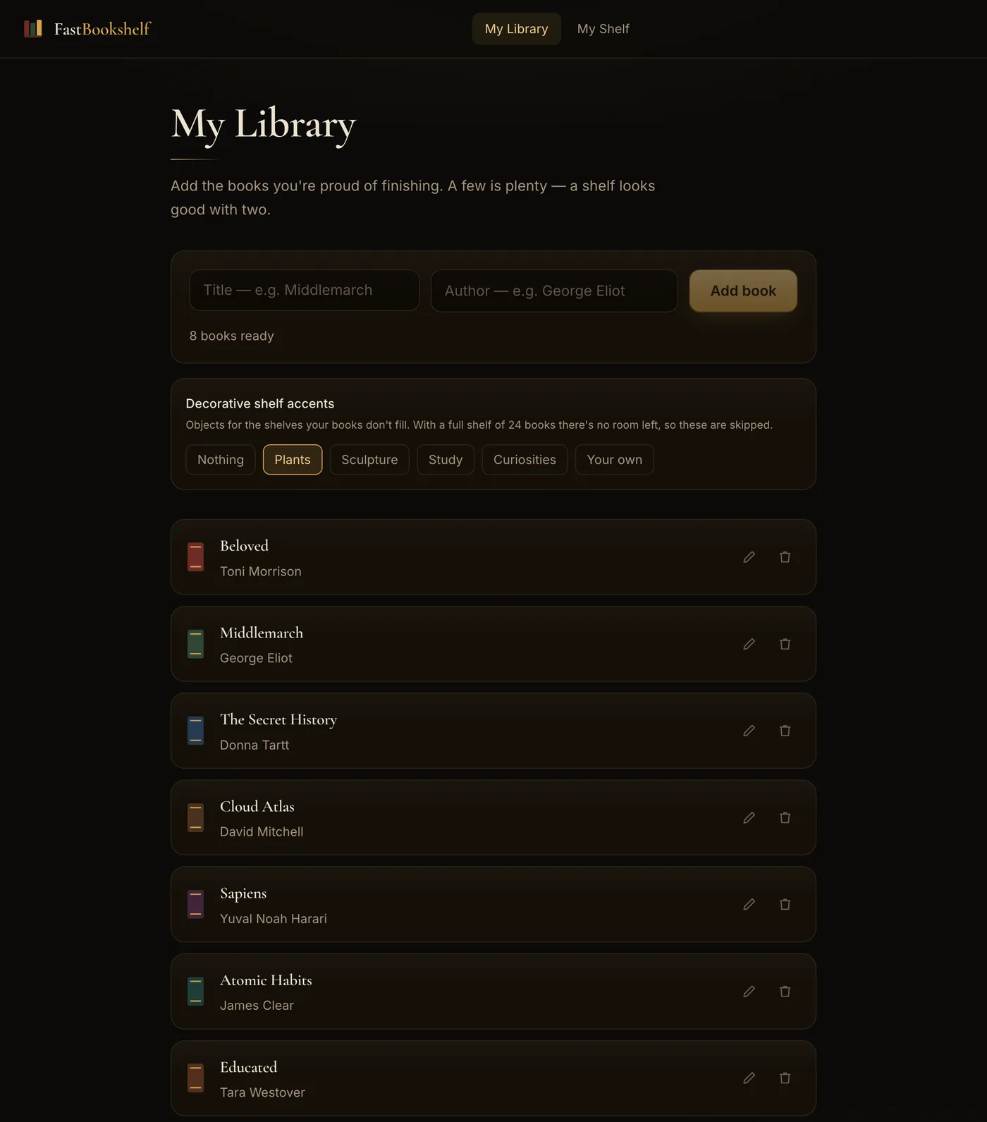 The FastBookshelf library page listing eight books with title and author fields at the top