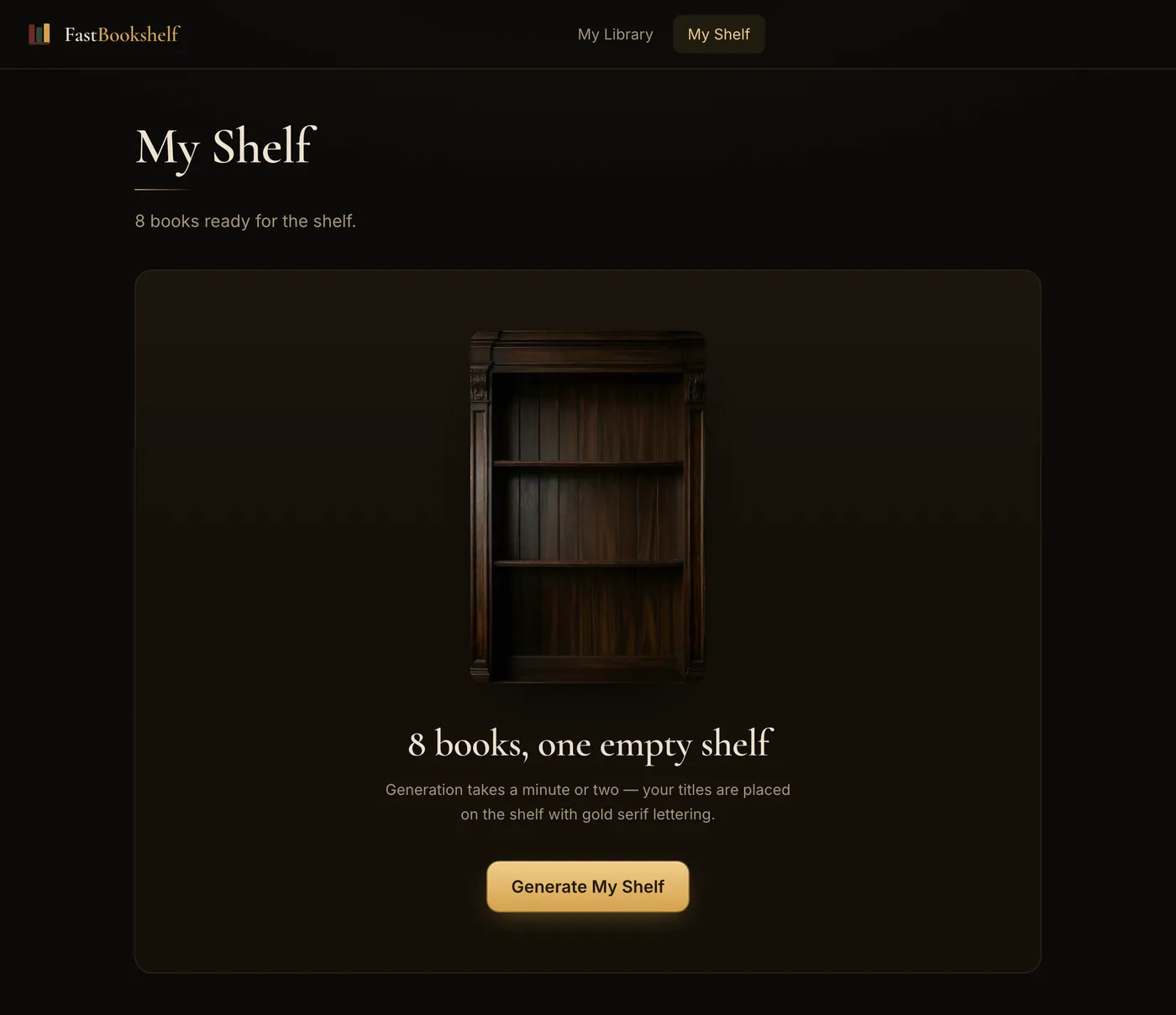 The FastBookshelf shelf page showing an empty wooden bookcase and a Generate My Shelf button