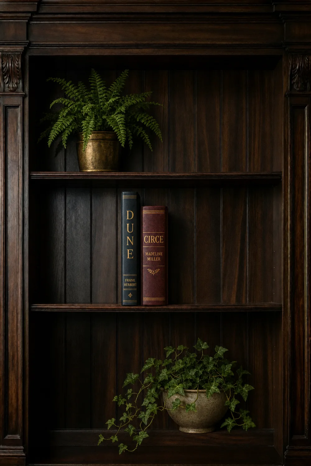 A generated bookshelf holding Dune and Circe in gold-lettered leather, with a potted fern above and trailing ivy below